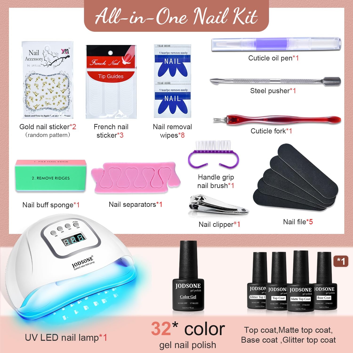 image:imageJODSONE 23 PCS Gel Nail Polish Set with Base Glossy and Matte Top Coat Multicolored Gel Nail Long Lasting Suitable for All Seasons32KITColor 7