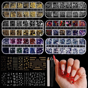 image:imageJODSONE Nail CharmsNail Rhinestones Kit with 6 Boxes of Rhinestones12 Nail Stickers in 2 Colors Multi Shape Pearls Jewels Crystals with Nails Art Toolsmulticolored