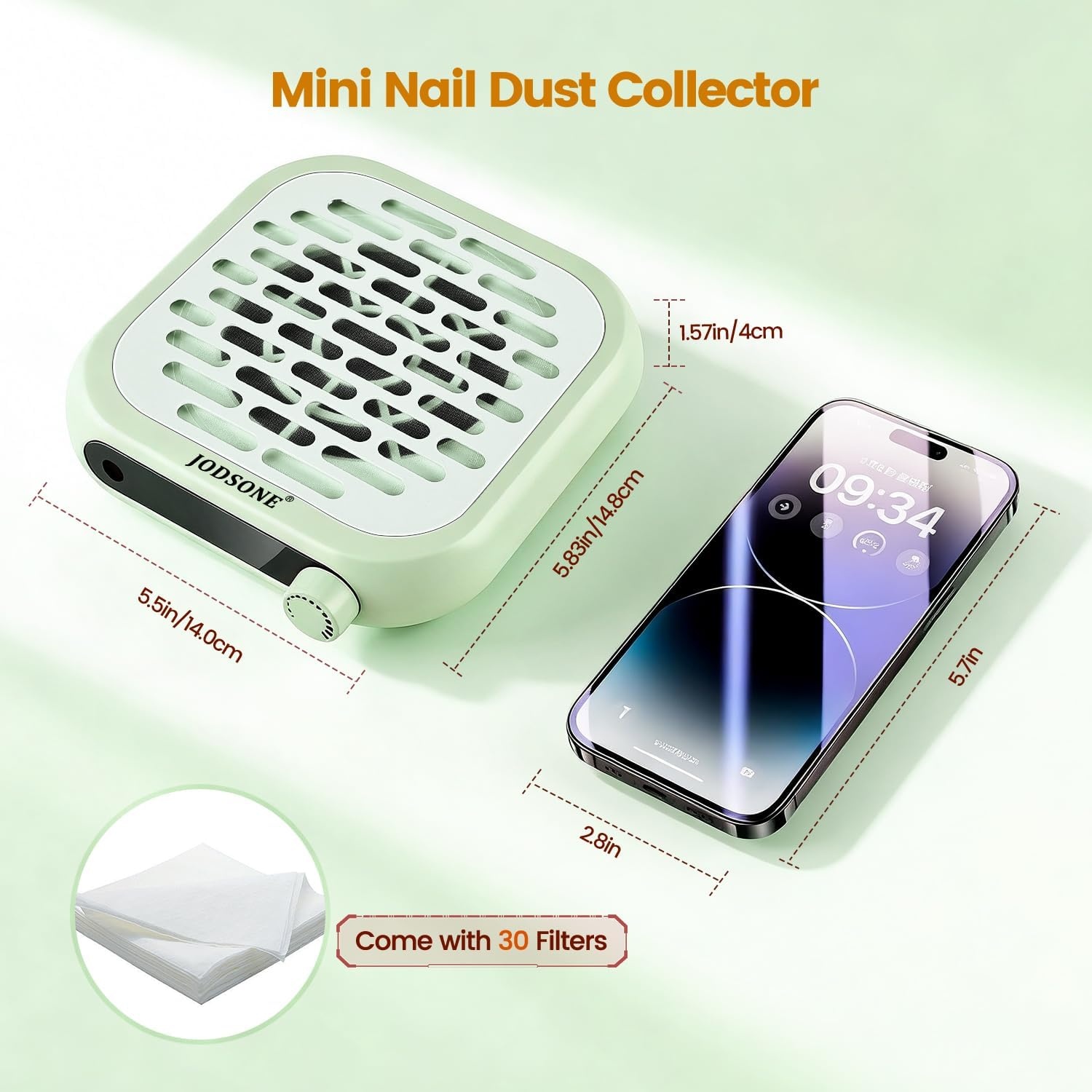 image:imageJODSONE 6000RPM Mini Nail Dust Collector PocketSized Powerful Suction Portable Nail Salon with 30 Filters Green
